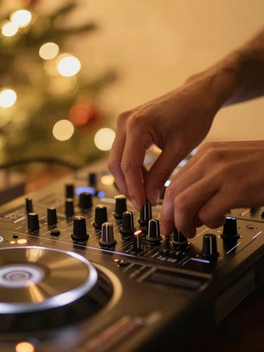Close-up of professional DJ decks with warm ambient lighting, hands adjusting a knob, blurred background with warm festive string lights, 35mm