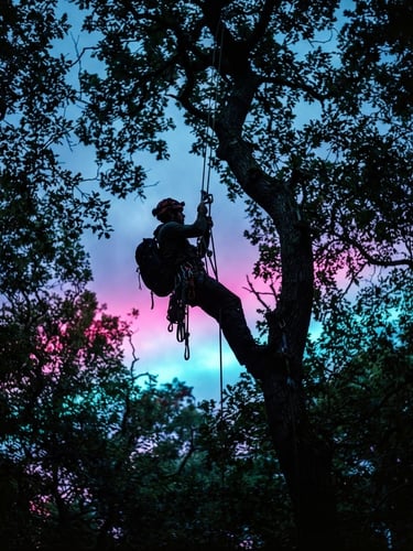 Low-angle heroic shot of a tree climber silhouetted in a high canopy at twilight, neon magenta and cyan backlighting, rigging ropes and carabiners visible, 35mm.