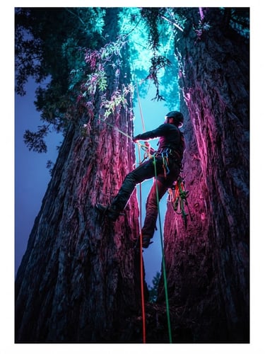 Low-angle twilight photograph of a professional arborist climbing a massive redwood trunk, high-contrast electric cyan and neon magenta backlighting, 35mm.
