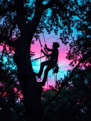 Low-angle heroic shot of a professional tree climber silhouetted against a dramatic twilight sky, neon magenta and electric cyan backlighting, rigging ropes and carabiners visible, 35mm photography