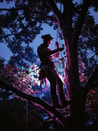 Dramatic twilight portrait of a rugged tree climber silhouetted high in the canopy, neon magenta and electric cyan backlighting, holding rigging ropes, 35mm