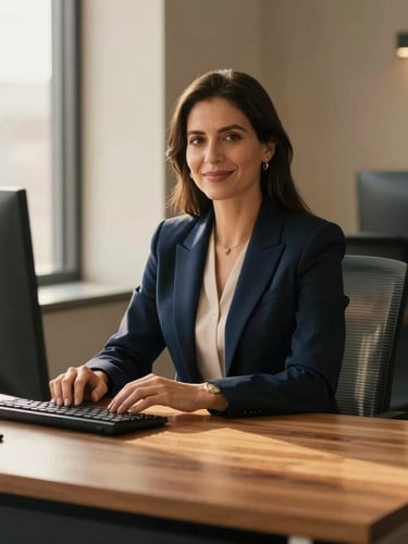 A professional modern Colombian corporate workspace, soft warm window light reflecting on a clean wooden desk, deep navy and gold tones, shallow depth of field