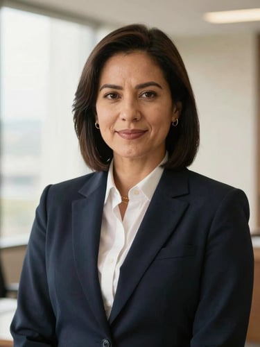 Warm editorial portrait photography of a confident, reassuring lead defense attorney in a dark navy suit, soft natural window light, deep navy and gold tones, shallow depth of field, looking directly at the camera, modern Colombian office background