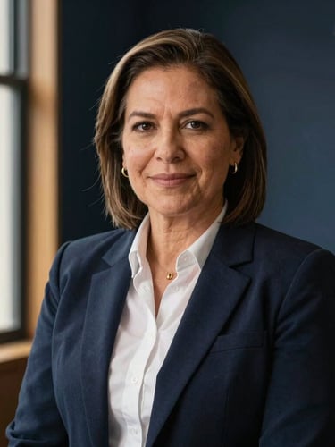 Portrait of a confident Colombian labor lawyer, mid-40s, looking directly at the camera with a reassuring and firm expression, soft warm window light, deep navy background, modern office setting, shallow depth of field.