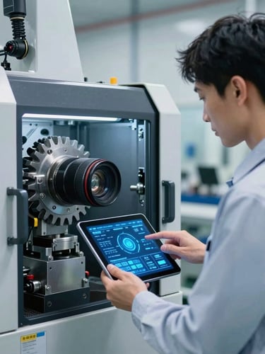 An engineer in high-vis gear analyzing a digital IoT dashboard on a tablet in front of a clean industrial machinery setup, cool blue screen glow, sharp focus, 35mm lens