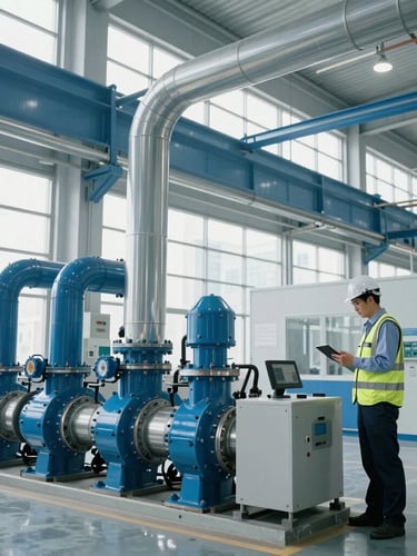 Wide environmental shot of clean modern industrial plant interior, technical blue-toned piping, daylight filtering through windows, professional engineer in high-vis gear working with a tablet.