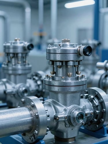 Close-up of industrial air compressor valves and metallic piping, cool blue lighting, sharp focus on mechanical components, 35mm lens.