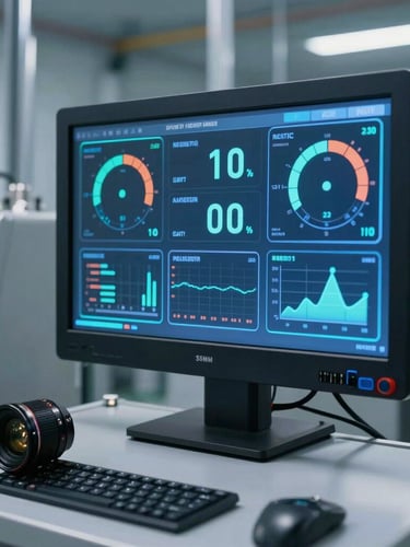 A close-up of a high-tech industrial digital dashboard displaying real-time HVAC telemetry and performance metrics, vibrant blue and teal screen glow, modern clean control room, 35mm lens