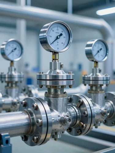 Close-up of industrial HVAC piping valves and metallic gauges in a modern factory setting, cool blue and metallic tones, sharp focus, 35mm lens