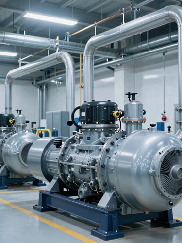 Wide environmental shot of clean industrial compressor installations with technical piping, cool metallic tones, crisp industrial lighting