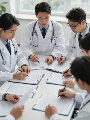A group of healthcare researchers and field coordinators analyzing data sheets around a table, cool natural daylight