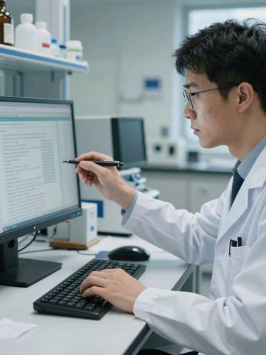 A clinical researcher analyzing medical datasets on a clean monitor in a cool-toned laboratory, natural daylight, professional environment.