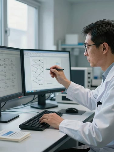 A clinical researcher in a cool-toned NHS laboratory, analyzing algorithmic validation models on a dual-monitor setup, natural daylight from a side window.