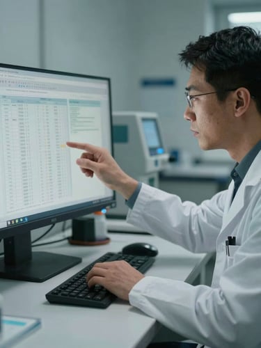 A clinical researcher in cool-toned natural light analyzing medical data on a standard monitor, medium shot, Essex clinical setting.