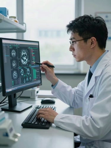 A clinical researcher in cool-toned natural daylight, analyzing high-resolution medical data on a standard desktop monitor, focused expression, hospital research office setting.
