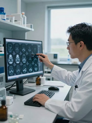 A clinical researcher in Westcliff-On-Sea analyzing medical imaging data on a standard flat-screen monitor in a naturally lit laboratory, cool-toned daylight, professional setting.
