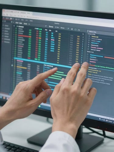Close-up of a clinical researcher's hands adjusting data visualizations on a high-resolution monitor, cool natural daylight, precise and focused.