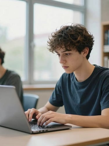 A student looking at a laptop in a bright, modern library in Germany, soft window light, candid, shallow depth of field, cool-toned 35mm.