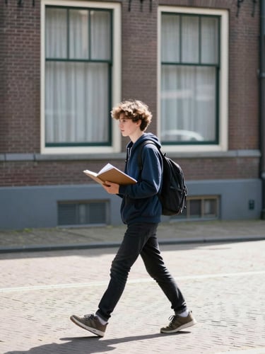 A student walking through a historic campus in the Netherlands, carrying a notebook, bright natural daylight, cool tones, candid 35mm.