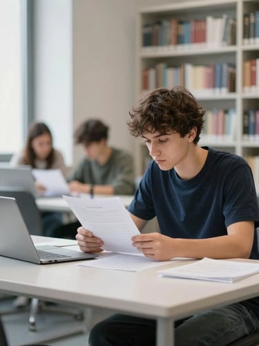A focused student analyzing documents on a clean white desk in a modern Berlin library, soft natural daylight, cool-toned European atmosphere, shallow depth of field, 35mm