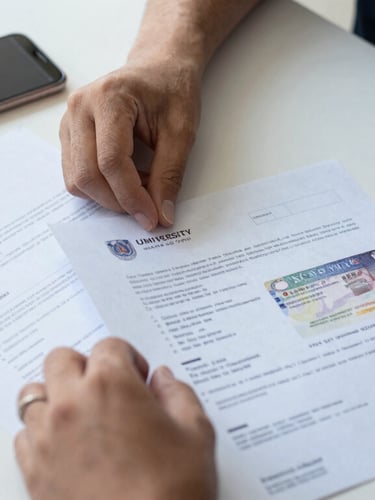 A close-up of hands organizing official visa documents and university acceptance letters on a clean white desk next to a modern smartphone showing a green progress bar.
