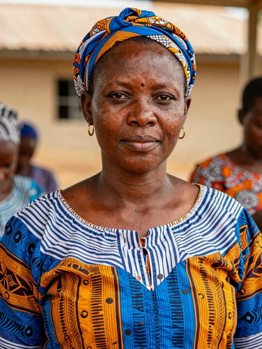 Portrait direct et digne d'une leader communautaire de l'ONG Avenir Femme à Maroua, vêtue d'un pagne coloré, regard confiant vers l'objectif, lumière naturelle du Nord-Cameroun, arrière-plan flou d'un atelier de formation.