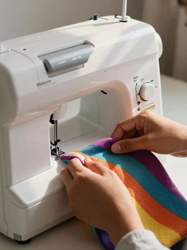 Gros plan sur les mains d'une étudiante guidant un tissu coloré sous l'aiguille d'une machine à coudre moderne, lumière dorée du matin à Maroua.