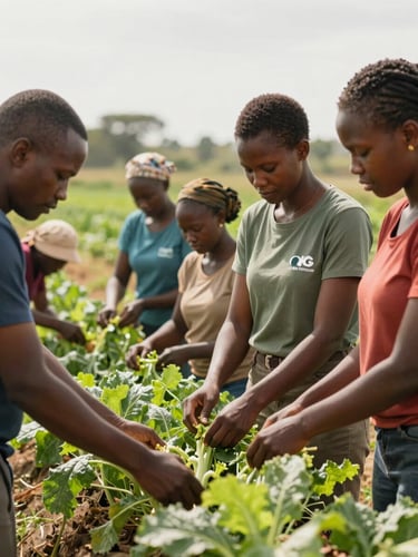 Instructeurs agricoles de l'ONG Avenir Femme montrant des techniques de maraîchage durable à un groupe de femmes attentives dans un champ verdoyant près de Maroua, lumière du jour éclatante.