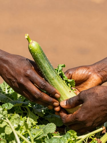 Vue rapprochée de mains de femmes camerounaises récoltant des légumes verts sous le soleil éclatant de Maroua, terre ocre en arrière-plan, cadrage serré et dynamique.
