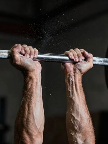 Dramatic low-key close-up of a lifter's hands gripping a knurled steel barbell, chalk dust suspended in the air, high-contrast directional lighting emphasizing muscle definition, dark background.