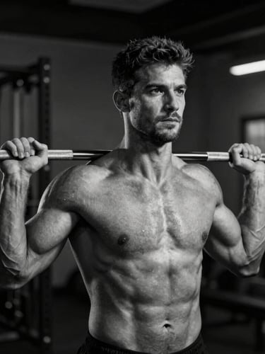 Dramatic black and white portrait of a male strength coach in a dark gym, strong side key light highlighting muscle definition, holding a heavy barbell across his shoulders.