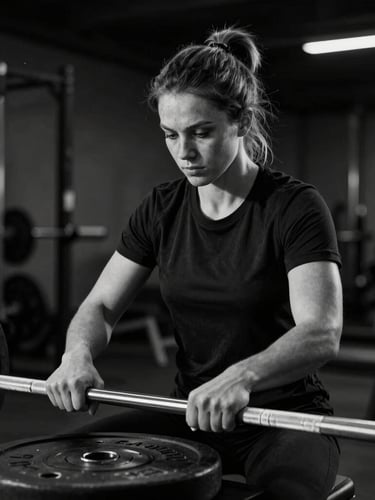 Dramatic black and white portrait of a female athletic trainer in a dark gym, low-key lighting, focused expression, adjusting steel plates on a barbell.