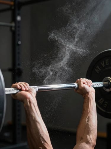 Dynamic close-up of a lifter's hands gripping a heavily knurled steel barbell on a dark background, dramatic chiaroscuro lighting with chalk dust suspended in a single sharp beam of light.