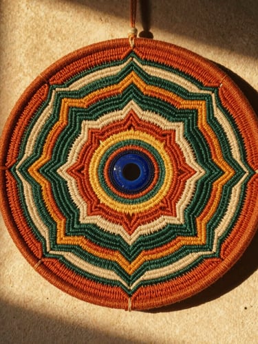 Close-up of a beautifully completed Ojo de Dios mandala hanging on a rustic wall, warm afternoon sunbeams illuminating the colorful threads, 35mm photography