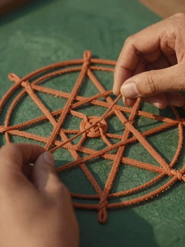 Close-up of hands weaving a sacred geometry mandala with terracotta threads, warm golden-hour sunlight casting soft shadows, 35mm photography