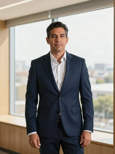 Professional corporate portrait of Lic. Edgar Manríquez in a modern office, warm natural light, looking confident, wearing a navy suit, clean architectural lines of Ciudad Juárez visible through a window, editorial 35mm