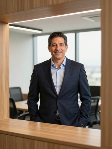 Professional portrait of Lic. Edgar Manríquez in a modern office, warm lighting, architectural framing, 35mm