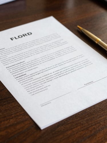 Close-up of signed legal contracts on a dark wood desk with a gold pen, sharp daylight, warm gold tones