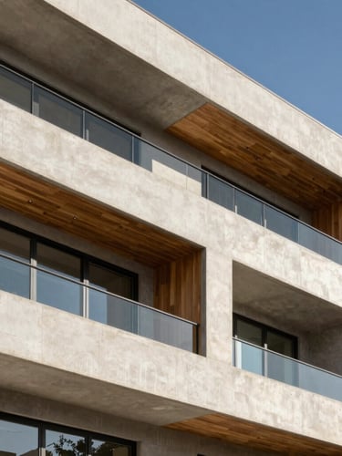 Professional architectural close-up of a modern residential facade under the bright Juárez sun, clean lines, concrete and warm wood details, editorial corporate photography