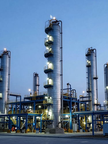 Wide-angle architectural shot of a modern petrochemical refinery at dusk, sharp metallic structures, cool blue architectural lighting, 35mm crisp photography.