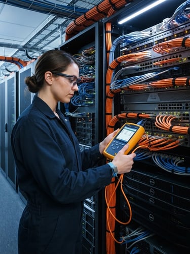 Sharp technical photography of a technician diagnosing a glowing server rack in a clean server room, bright workshop lighting, cool slate tones with emergency orange cables, 35mm