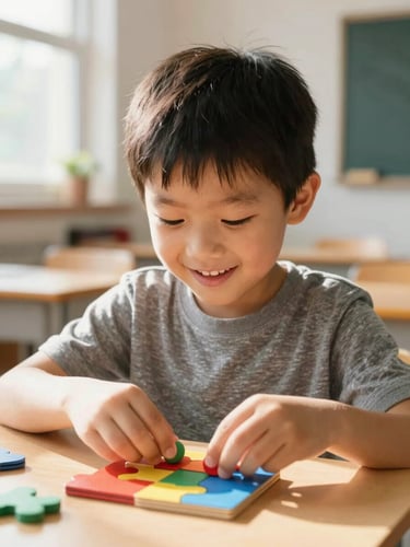 Close-up portrait of a young boy with an expression of joyful focus, assembling a colorful wooden puzzle in a brightly lit, beautifully organized classroom. Warm natural sunlight streaming from a side window, soft focus background, 35mm photography style.