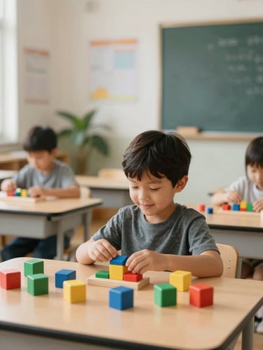 warm editorial photography of a modern, organized classroom with soft natural light, a child happily engaged with colorful sensory wooden blocks at eye-level, shallow depth of field, 35mm