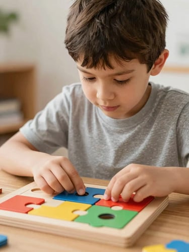 Warm editorial photography of a child with autism looking intently at a colorful wooden puzzle, soft natural daylight, rich optimistic colors, shallow depth of field, 35mm
