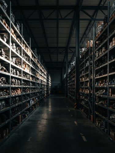Wide-angle shot of a modern, highly organized warehouse interior, dramatic high-contrast side lighting highlighting rows of shelves with neatly stacked auto parts, metallic textures, 50mm lens, no people.