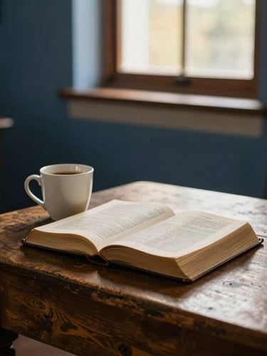 Bíblia aberta sobre uma mesa de madeira rústica, com uma xícara de café ao lado e luz natural suave entrando pela janela, ambiente calmo e acolhedor