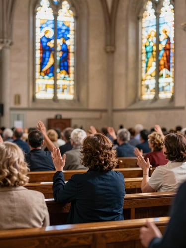 Wide shot of a church service from the back, showing people with raised hands during worship, warm natural light from stained glass, deep blue and golden tones, authentic expressions, 35mm lens.