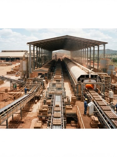 Wide environmental shot of a massive automated kiln production line in Kenya, bright industrial daylight, sharp focus, 35mm