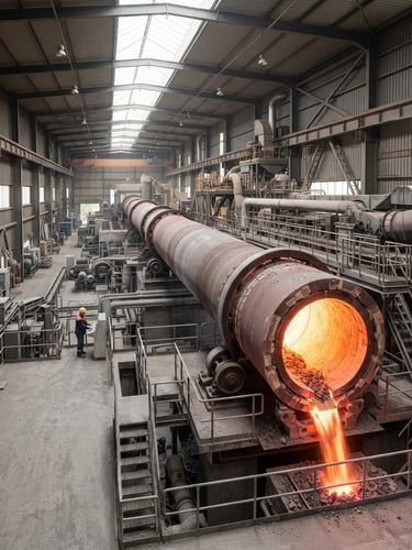 Wide environmental shot of a massive industrial kiln glowing with heat, clean architectural daylight, sharp focus, 35mm