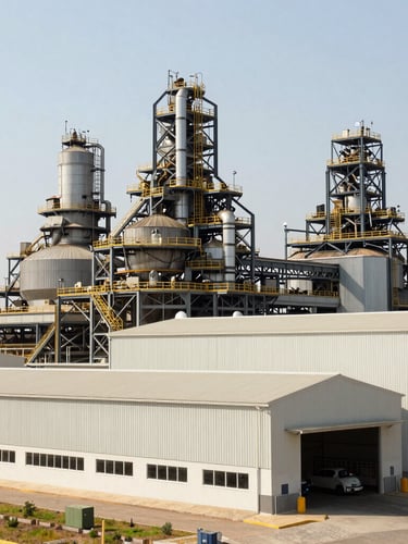 Wide environmental shot of a massive modern Twyford manufacturing plant in Kenya, bright industrial daylight, sharp focus, 35mm